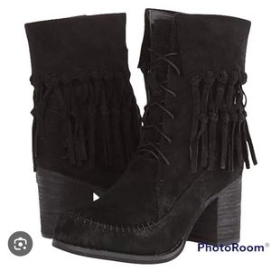 Sbicca Wagon Boot Black Suede Fringe Lace-Up Size 7.5